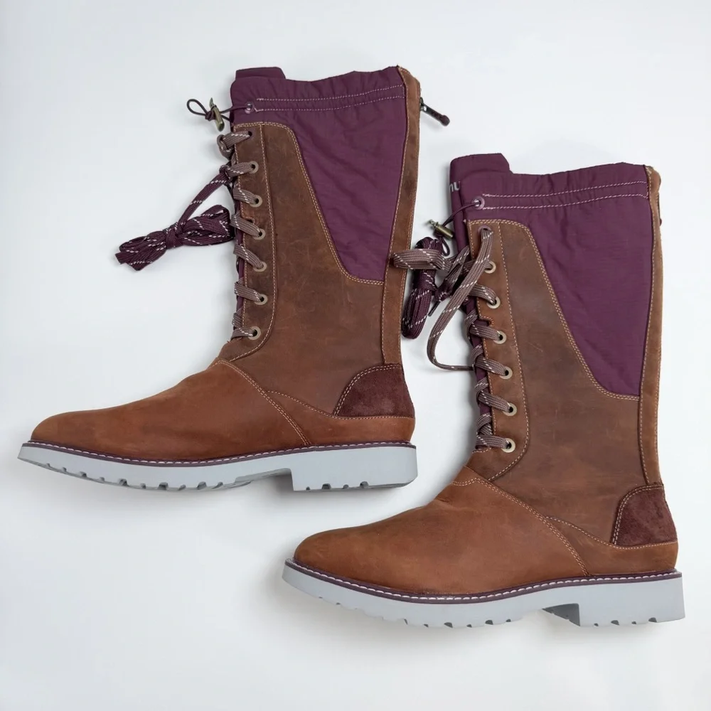 Ahnu Brown Leather Polartec Purple Gray Tall Boots Zipper Tie Women’s Size 7